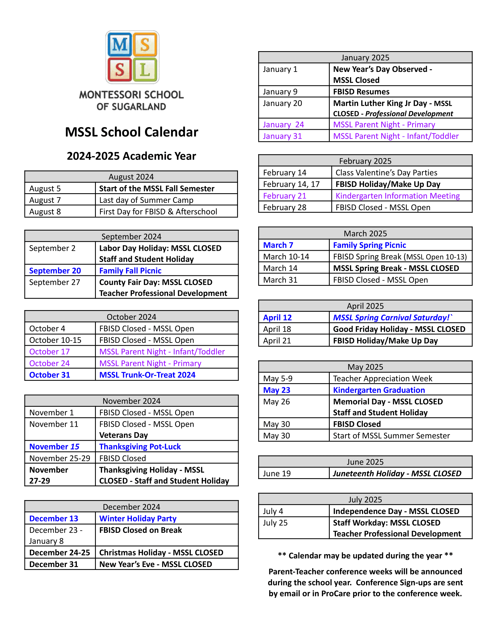 Montessori School of Sugar Land 2024-25 Calendar