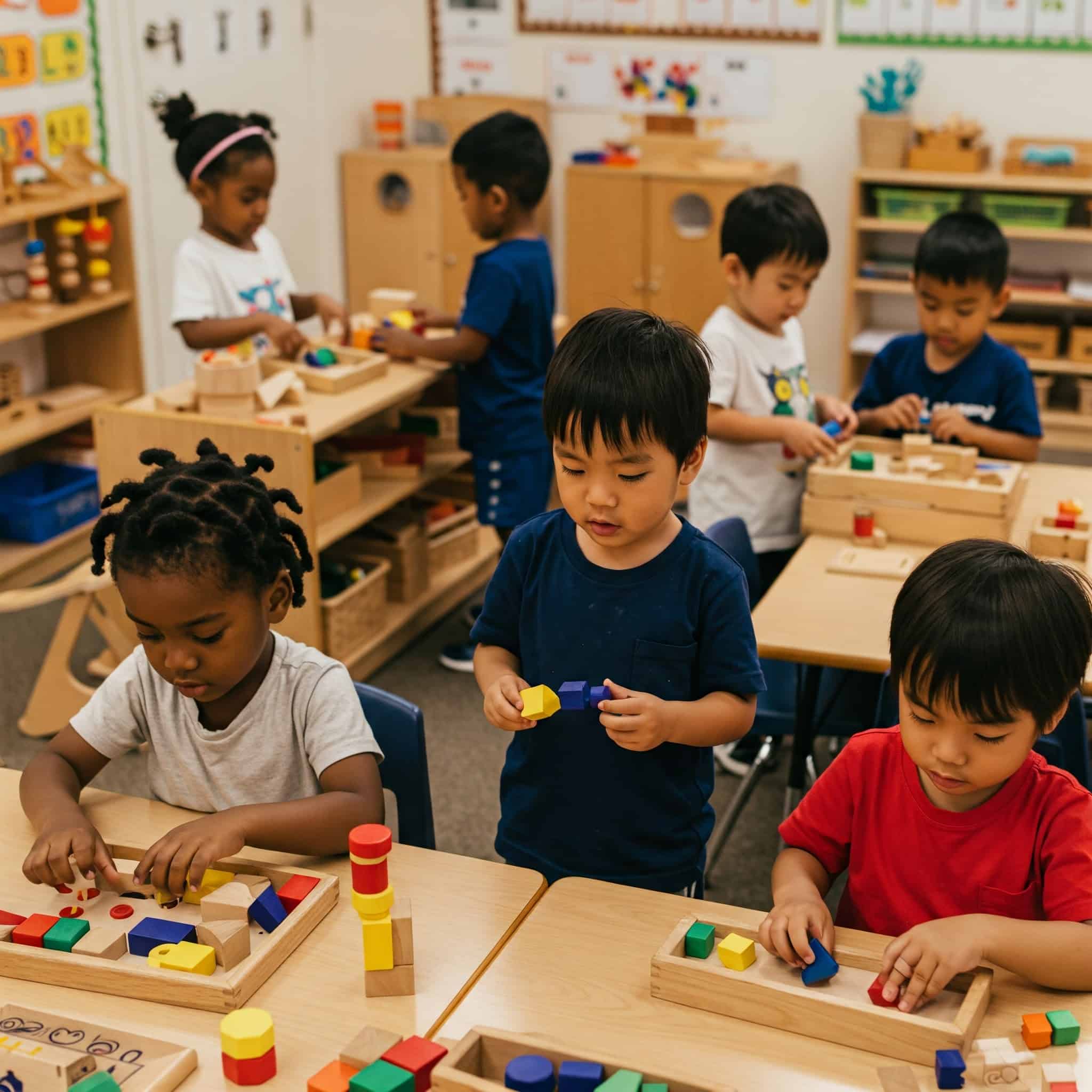Children actively engaging with Montessori classroom materials