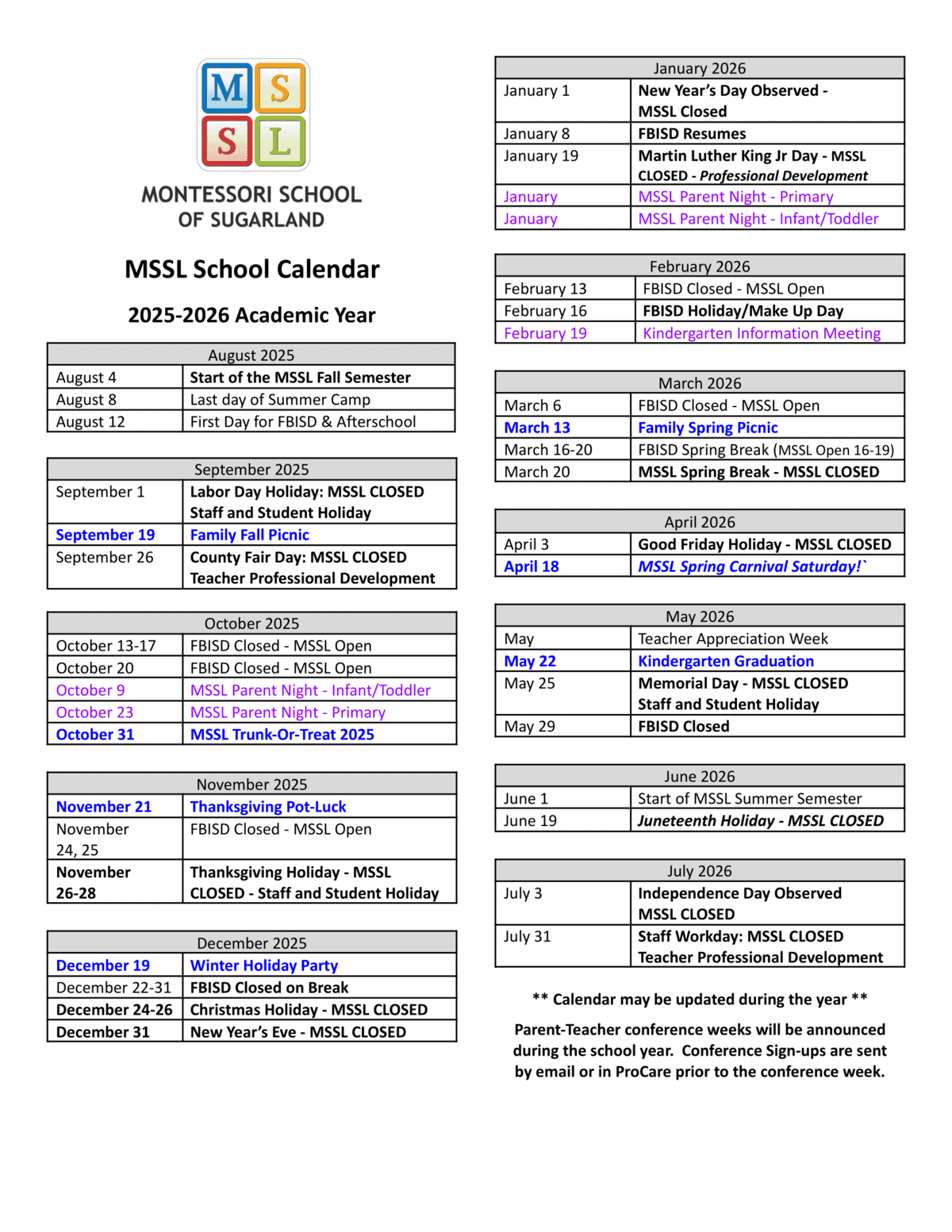 Montessori School of Sugar Land 2025-26 Calendar