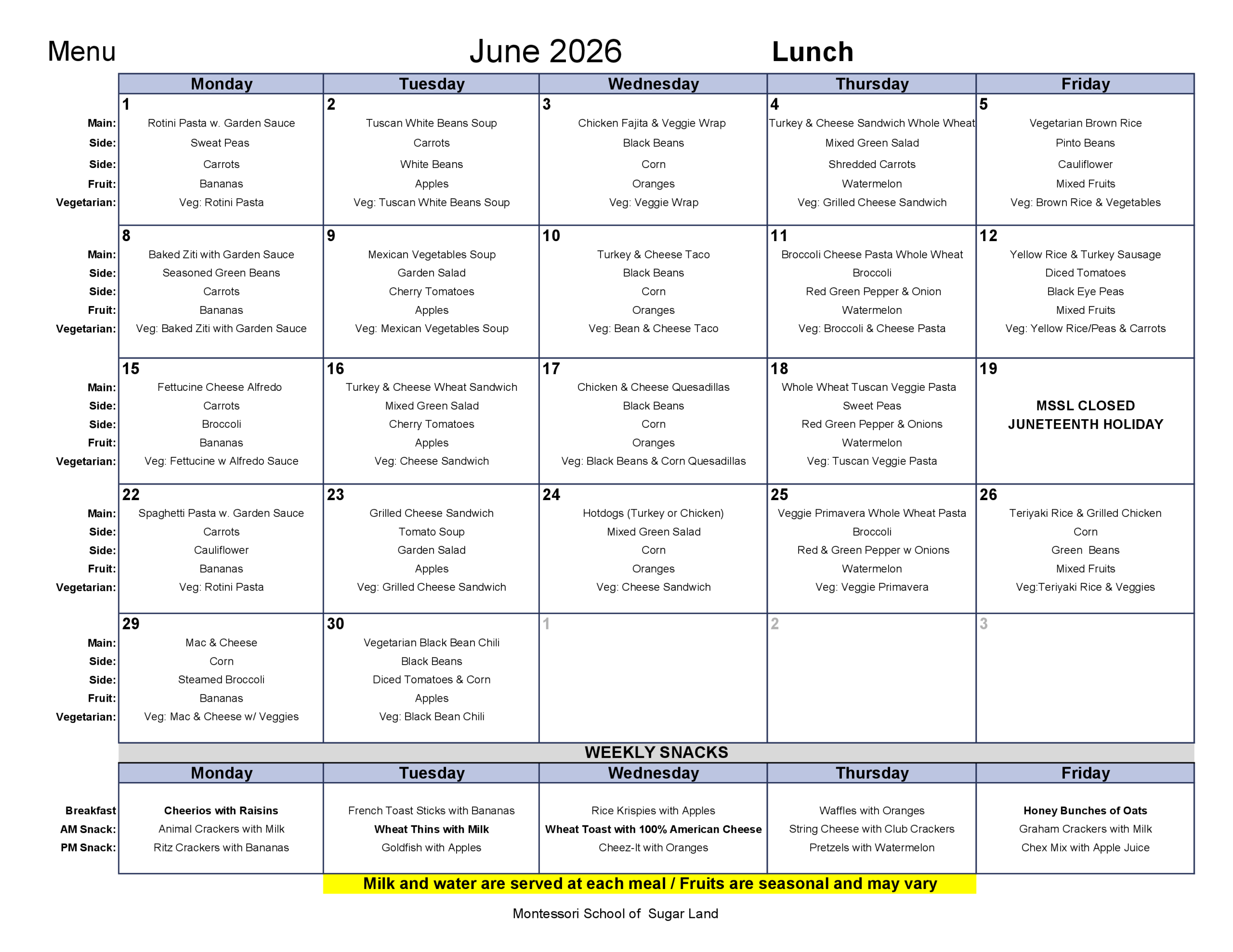 Montessori School of Sugar Land June 2026 Menu