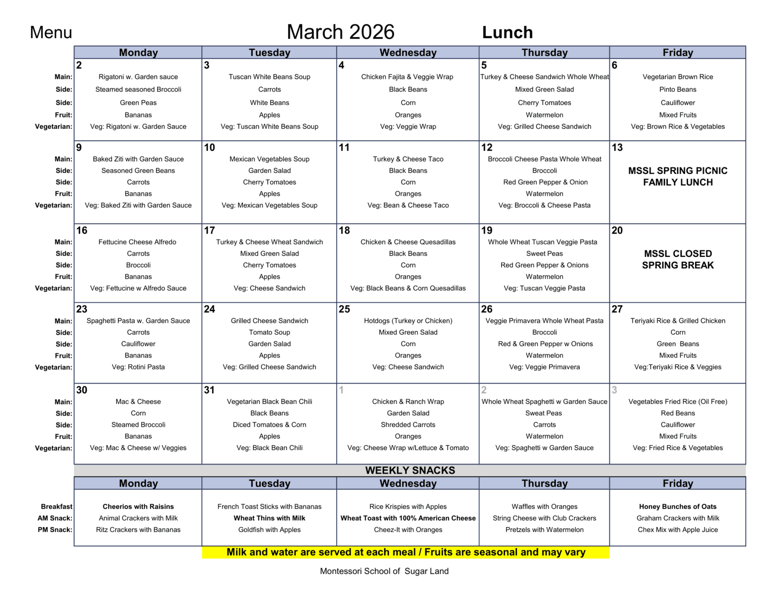 Montessori School of Sugar Land February 2026 Menu