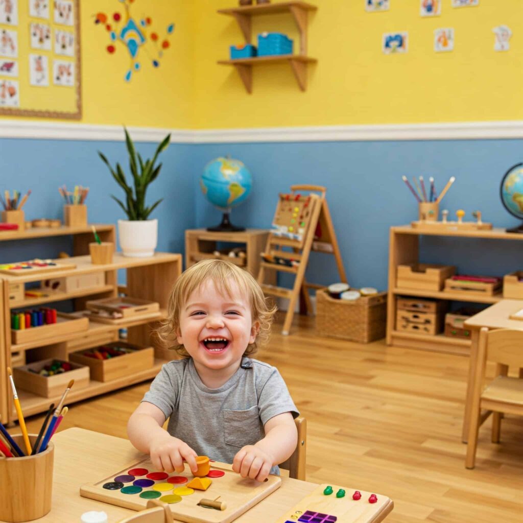 Smiling young child exploring a hands-on classroom activity